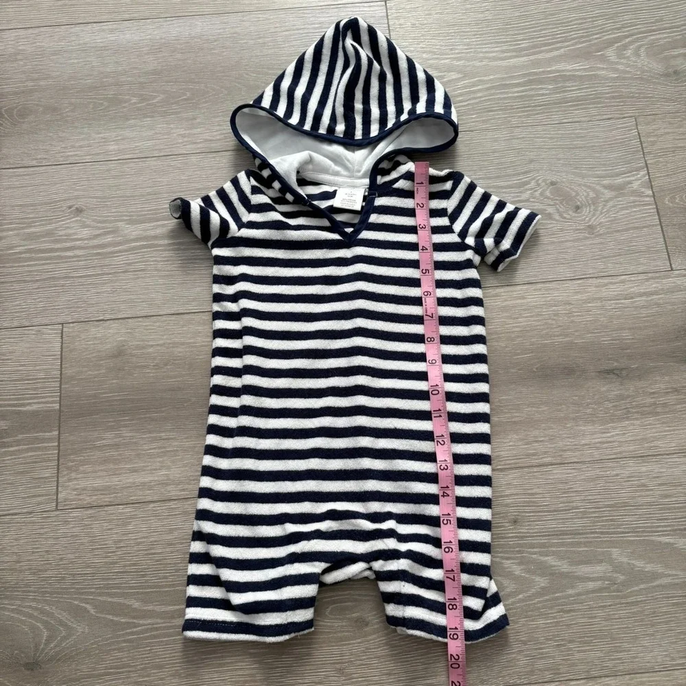 Snapper Rock Kids Navy‎ Blue White Stripe Pocket Hooded Romper 6-12 Months